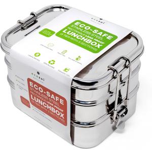 ecozoi Stainless Steel Lunch Box, Leak Proof, 3 Tier Rectangle with Bonus Pod & 3 Sections | Bonus Silicone Band to Convert to 3 Section Lunch Box for Portability