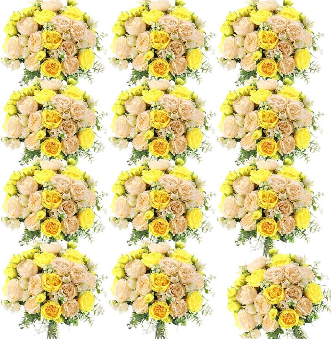 Geosar 16 Bundles Artificial Peonies Flowers Fake Silk Peony Bouquet Faux Peonies Flowers Bulk for Decoration Vase Floral Arrangements Wedding Party Table (Yellow,Champagne)