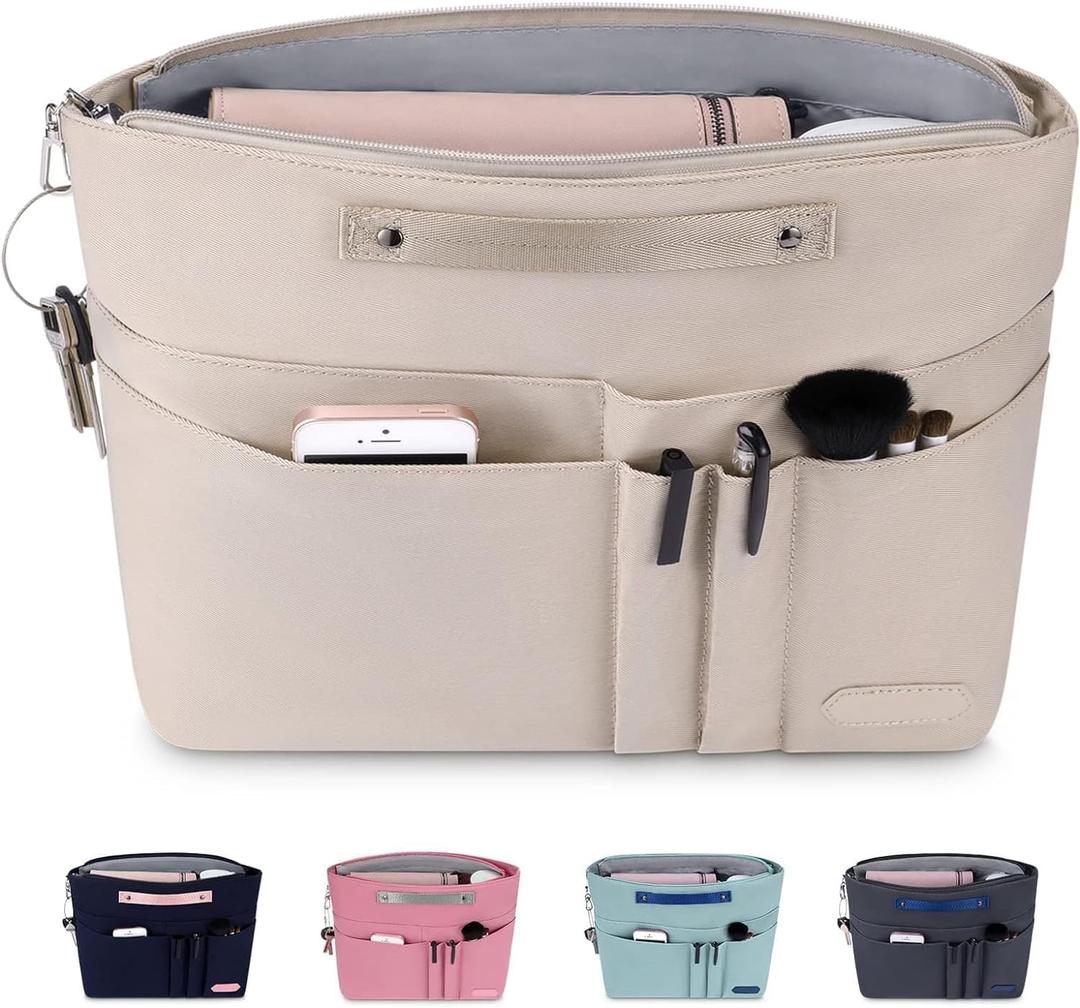 HyFanStr Purse Organizer Insert for Handbags,Tote Bag Organizer Insert Zipper Bag for Women, Handbag Organizer Inside Liner with 15 Pockets (Beige)