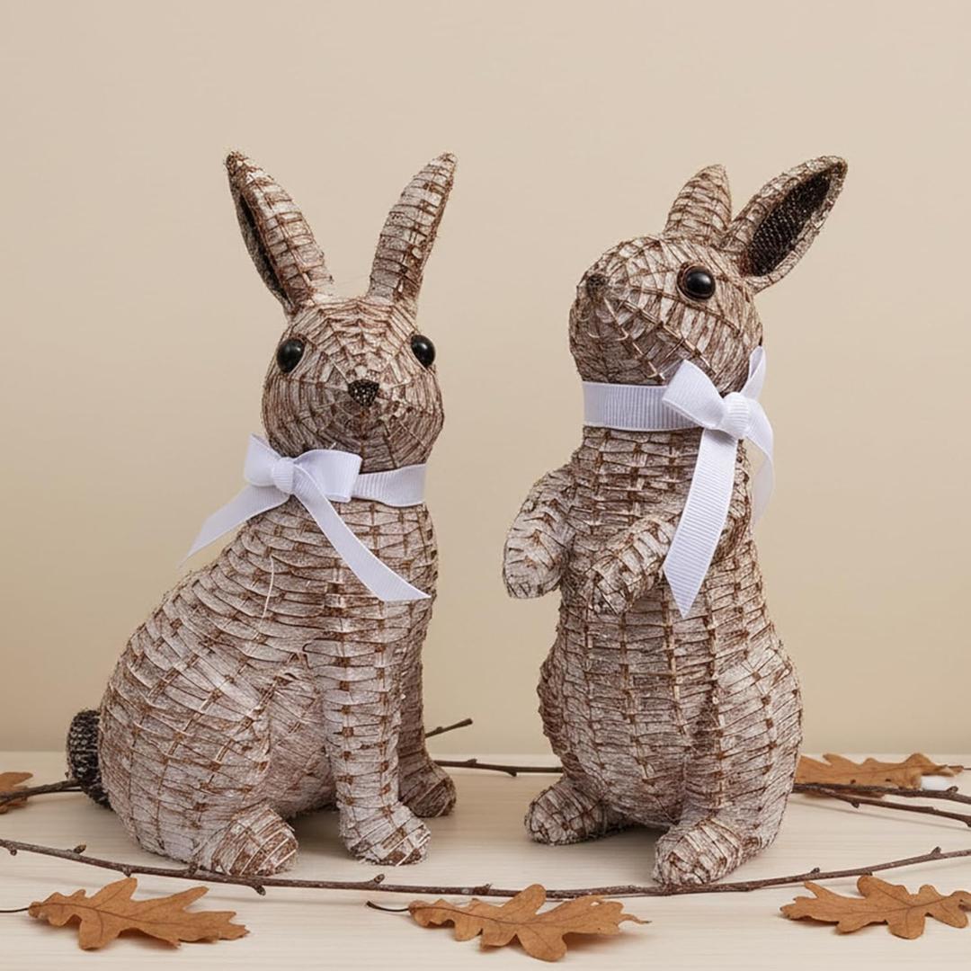 Rattan Effect Resin Easter Bunny Figurines Decor 2 PCS Wicker Looking Rabbit Decorations with Bow for Spring Table Centerpieces Indoor Farmhouse Home Decor (Large Rattan)