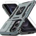 DEERLAMN Case for Samsung Galaxy S25 Edge with Slide Camera Cover+Screen Protector (1 Pack), Rotated Ring Kickstand Military Grade Shockproof Protective Cover-Grey (S25 Edge-6.7 Inch)