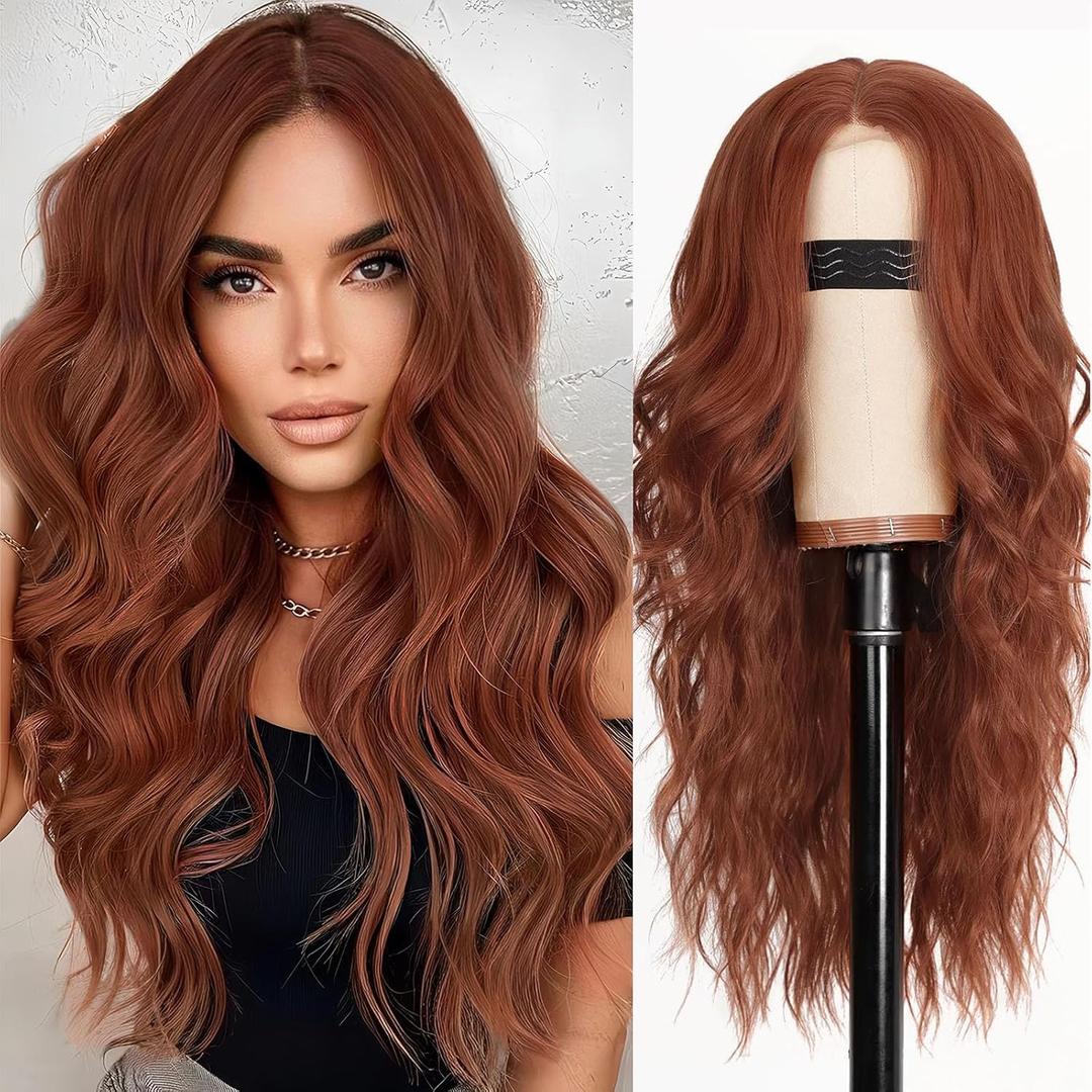 AISI HAIR Auburn Wigs for Women, Long Wavy Lace Hairline Middle Part Synthetic Heat Resistant Wig for Daily Party-26 Inch