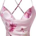 RoseSeek Women's Floral Cowl Neck Draped Crop Cami Tank Top Crisscross Backless Shirred Satin Camisole Tops (S)