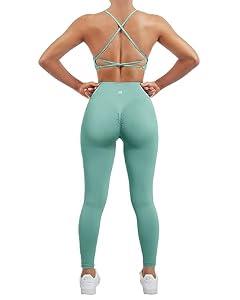 SUUKSESS Women Seamless 2 piece Workout Sets Strappy Padded Sports Bra Booty High Waisted Leggings Outfits (Light Green,S)