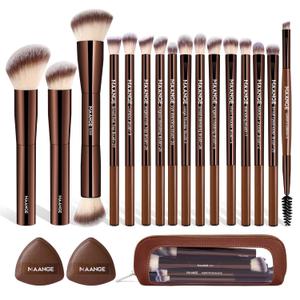 MAANGE Makeup Brush Set 19 PCS Travel Makeup Brushes Eyeshaowder Powder Concealers Foundation Professional Make Up Brush Set with Case (Coffee)