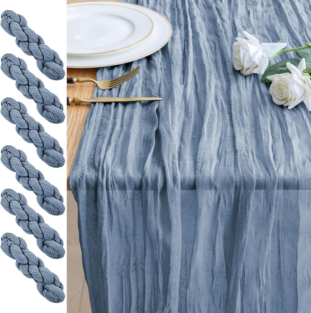 6PCS Table Runner Cheesecloth 10FT Dusty Blue Boho Gauze Cheese Cloth Rustic Sheer Table Runners for Wedding Bridal Baby Shower Party Decoration