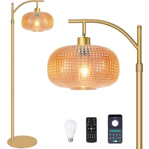 Glass Floor Lamp for Living Room with Amber Glass Lampshade, Dimmable Modern Standing Lamp with 12W LED Bulb, Remote Control Tall Lamp for Bedroom