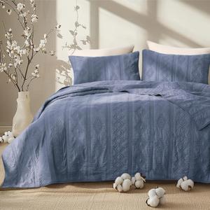 Bedsure 100% Cotton Quilt Set - Lightweight King Bedspread, Navy Blue Cozy Bedding Coverlet 3-Piece with Pillow Shams in Geometric Pattern for All Season, 106x96 inches, 100% Cotton Voile (01 - Navy Blue - Tribal Geometry)