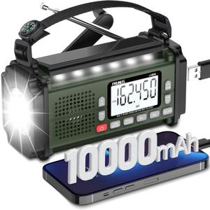 PRUNUS J-924 10000mAh/37000mWh Hand Crank Radio, AAA Batteries Powered Emergency Radio Solar, NOAA Weather Radio AM/FM/SW, USB Charging, Torch& Reading Light, SOS Alarm, Power Bank (Green)
