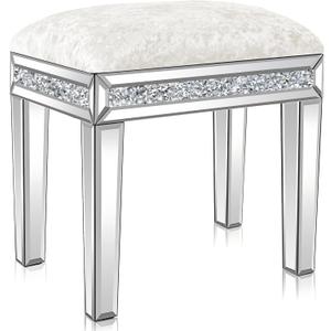 Mirrored Vanity Stool with Crushed Diamond Inlay Velvet Cushion 19.7'' Tall Stylish Makeup Chair for Bedroom, Vanity Chair, Ottoman for Living Room, White