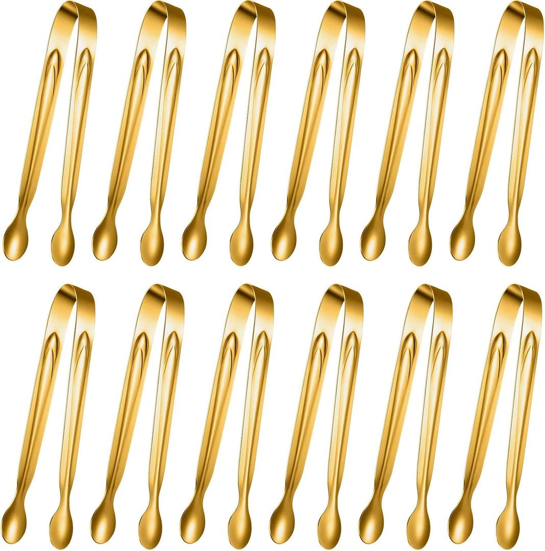 12 Pieces Mini Tongs Stainless Steel Small Sugar Serving Tongs for Charcuterie Board Appetizers Dessert Serving Food Tiny Party Danish Candy(6 Inch,Gold)