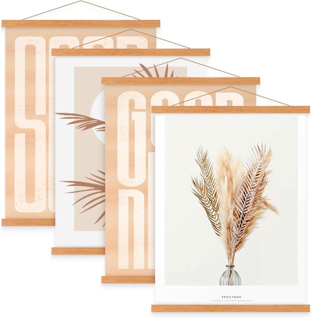 4 Pack 24x36 24x18 Poster Frame, Light Wood Wooden Magnetic Poster Hangers Frames for Photo Picutre Canvas Artwork Art Print Wall Hanging(4 Packs, 24", Teak Color)