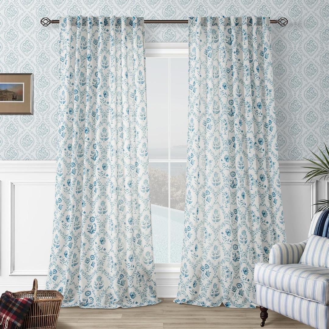 Blue Floral 102 Inch Curtains Back Tab Farmhouse Living Dining Room Light Filtering Linen Curtains Spring Flower Plant Pattern Printed Aesthetic Coastal French Country Vintage Drapes 102 Inches Long