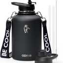 Coolflask 64oz Insulated Water Bottle with Strap, Half Gallon Large Water Jug with Straw & Spout Lids, Double Wall Stainless Steel Metal Flask, Keep Cold 48h Hot 24h, Leak Proof&Non-BPA, Magic Black