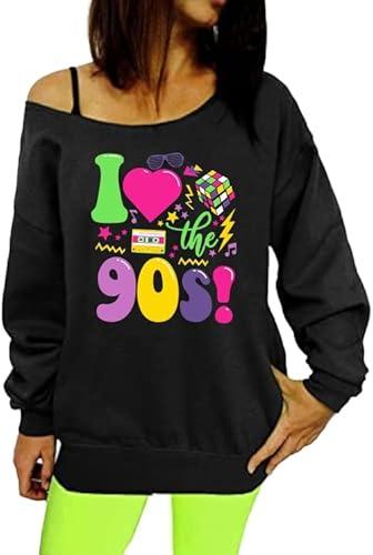 AMWIPE 90s Outfit for Women Sexy Off The Shoulder Sweatshirt I Love The 90's Shirt Oversized Long Sleeve Pullover Top XL