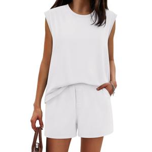 Tankaneo Womens 2 Piece Summer Outfits Casual Crewneck Sleeveless Tank Tops and Shorts Lounge Matching Sets, White, Small (White, S)