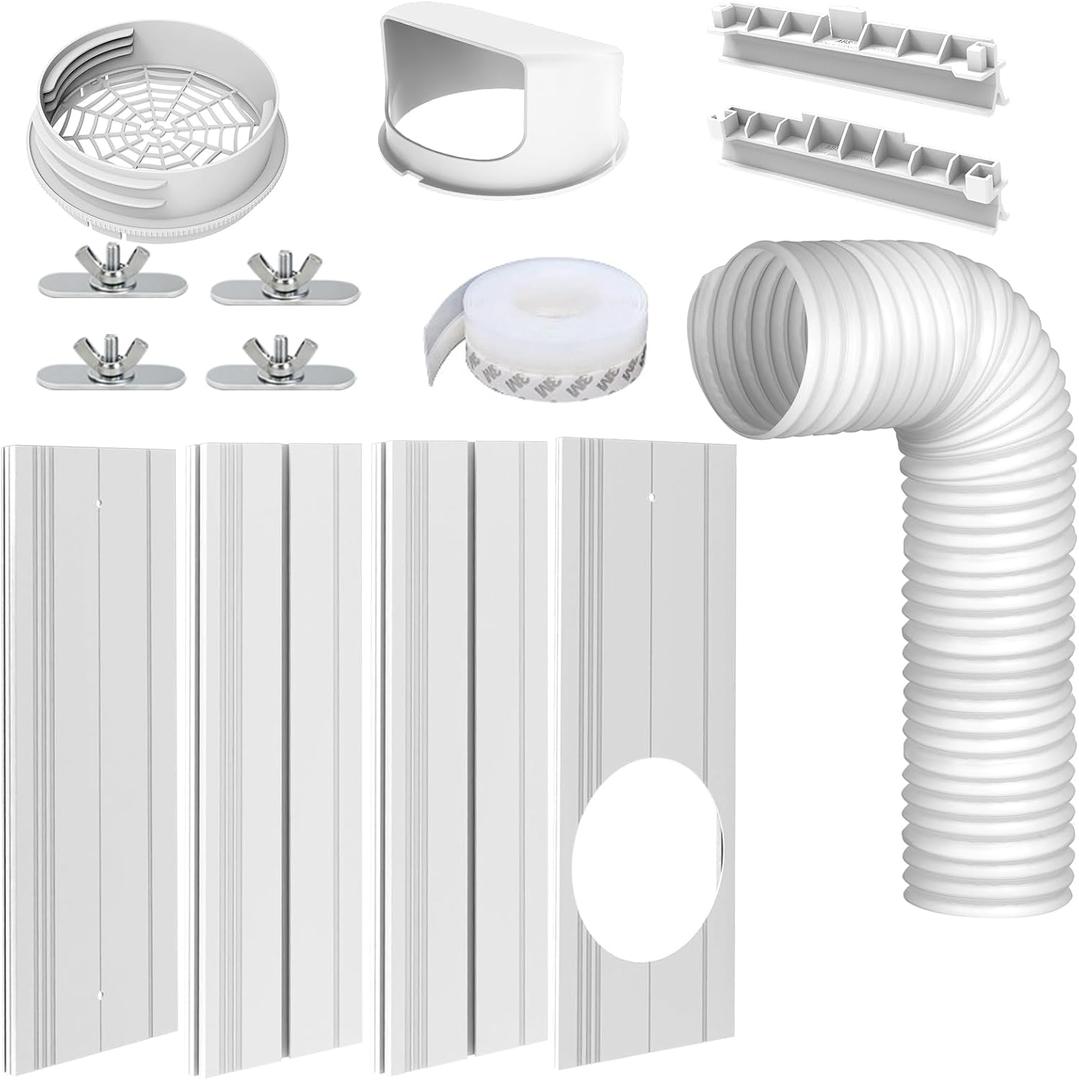 Portable Air Conditioner Window Kit with 5.9" Anti-clockwise Exhaust Hose, Mobile A/C Unit Window Vent Seal Kit with 4 Adjustable Seamless Seal Plates for Vertical/Horizontal Sliding Window