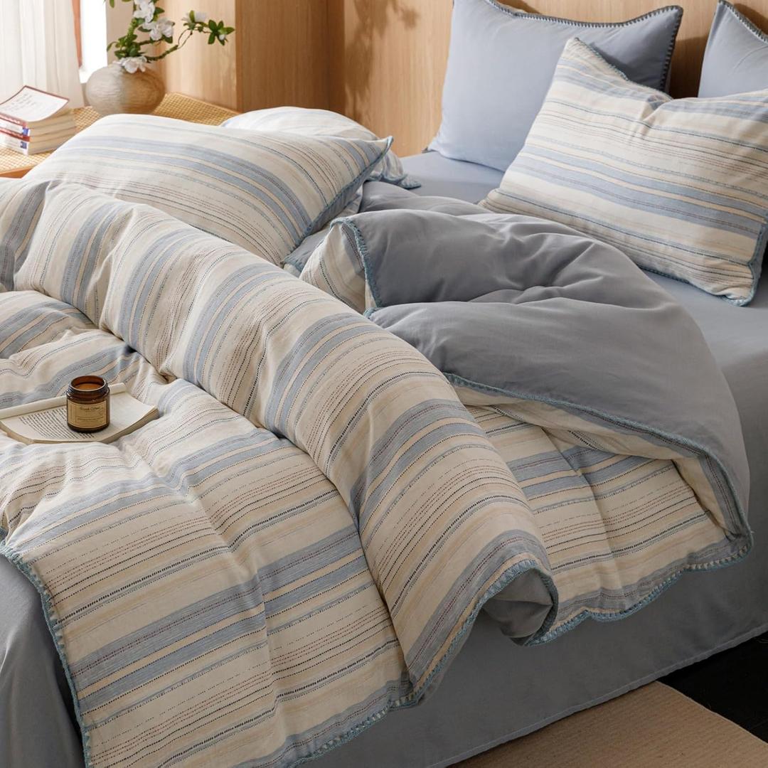 Blue White Stripes Duvet Cover King 100% Cotton Muslin Duvet Cover Embroidered Cozy Simple Modern Bedding Set for Men Women (King(1 Duvet Cover + 2 Pillow Shams), Triangle Lock Edge - Blue)