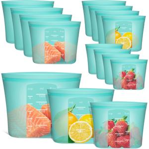 Reusable Food Bags, 12 Pack 100% Silicone Food Storage Bags Stand Up Zip Lock Container, Freezer Microwave Oven Dishwasher Safe, 4 Large 4 Medium 4 Small, Aqua