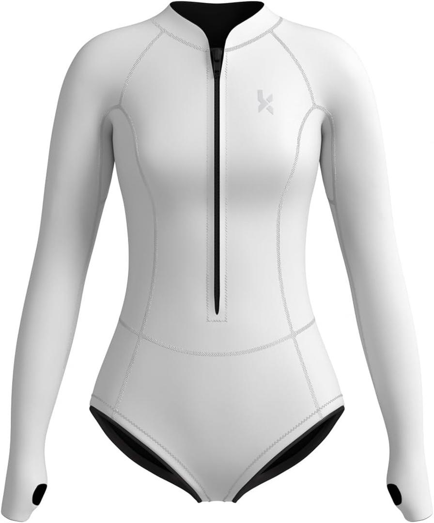 KMT Wetsuit for Women, Womens Long Sleeve Shorty Wet Suits 2mm Front Zipper Springsuit Surfing Surf-wear Diving Swimming Scuba One Piece, White,Size 4