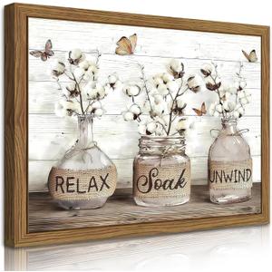 Farmhouse Bathroom Decor Wall Art, Framed Rustic Cotton Pictures Canvas Wall Decor Painting, Modern Country Relax Soak Unwind Sign Artwork Posters Prints for Bathroom 16x24In Dark Wood Frame