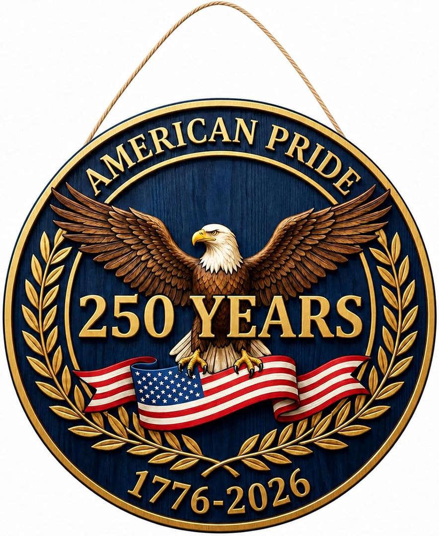 3 x 250th Anniversary Door Sign - 1776-2026 USA Semiquincentennial Patriotic Wreath, 4th of July Wooden Door Hanger, Independence Day Wall Decor for Home Front Porch Outdoor Hanging Ornament - D02