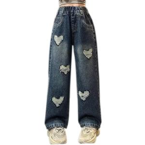 Girls Wide Leg Jeans Denim Elastic Wasit Baggy Ripped Distressed Pants (13-14 Years)