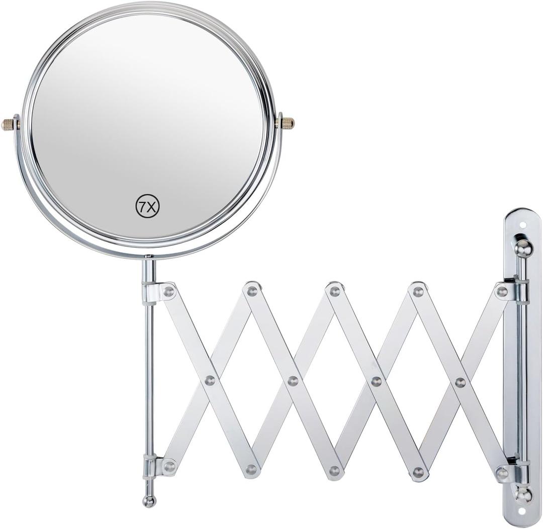 Welllink 7Inch Wall Mounted Double Sided Mirror, Accordion Makeup Mirror with 1X/7X Magnification, Chrome Finish, High-Definition Glass, Space Saving Screw Mount