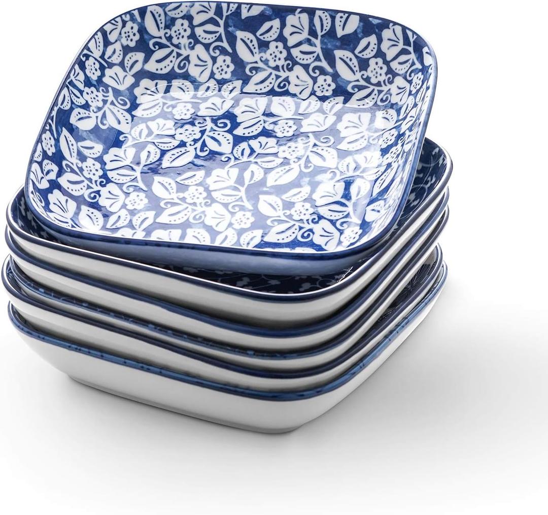 Selamica Porcelain 8-inch Square Dinner Plates, Salad Pasta Bowls, Set of 6, Vintage Blue