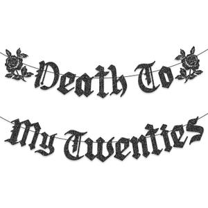 Breling Pre-strung Death to My 20s Birthday Decorations for Women Men Glitter 30th Birthday Party Banner Gothic Rip to My 20s 30s Black Twenties Garland Sign for 30th Birth Halloween Party Supplies