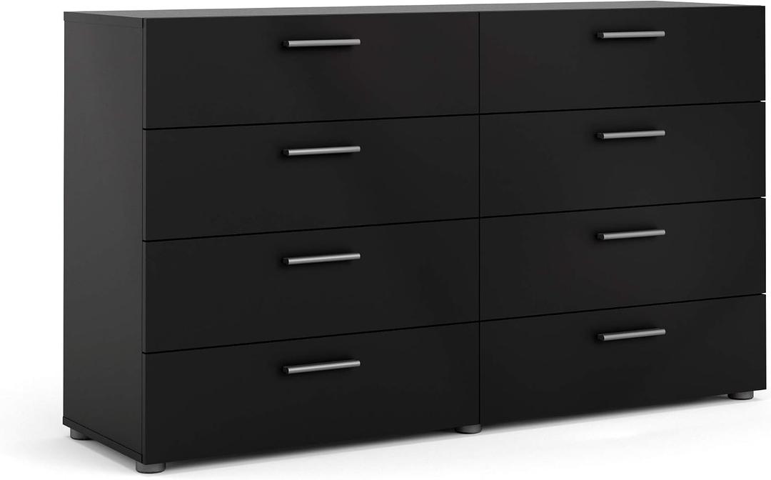 Tvilum, 8 Drawer Double Dresser, Bedroom, Modern Silver Drawer Handles, Contemporary, Black, 15.9"D x 55.1"W x 32.2"H