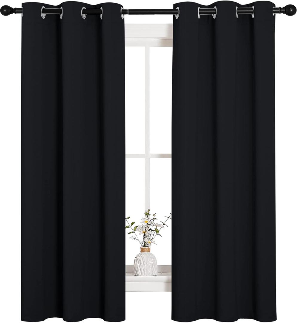NICETOWN Living Room Blackout Curtains and Drapes, Black Solid Thermal Insulated Grommet Blackout Drapery Panels for Window (2 Panels, 34 inches Wide by 63 inches Long, Black)