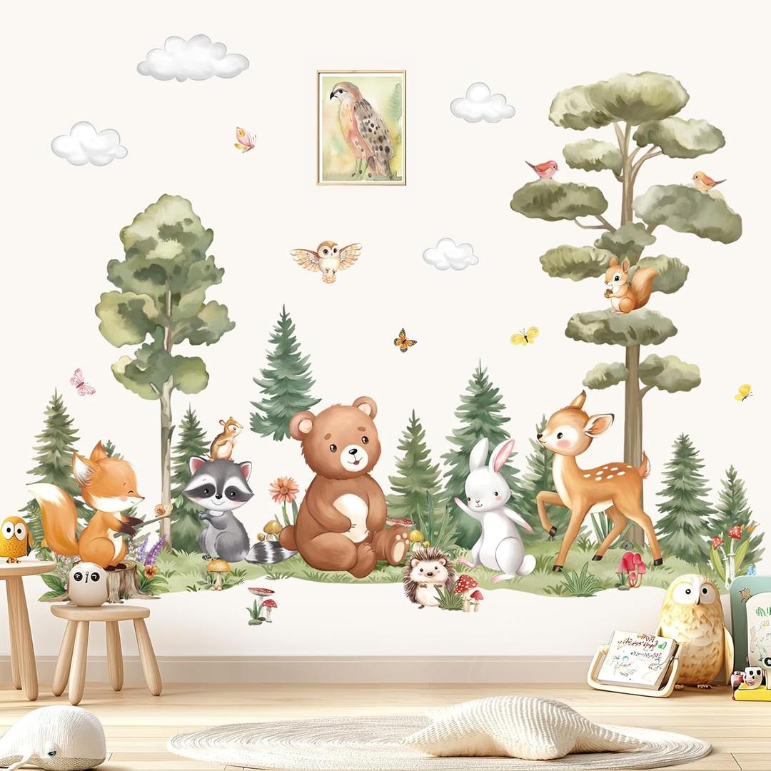 decalmile Large Woodland Animals Pine Tree Wall Decals Forest Animals Bear Deer Fox Wall Stickers Living Room Baby Nursery Kids Room Wall Decor(XL)