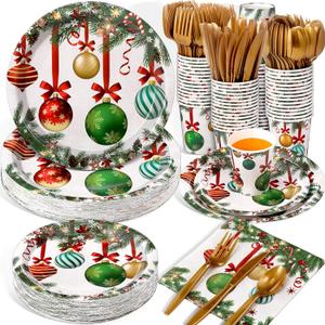 Hsei 350 Pcs Christmas Party Supplies Holiday Christmas Trees Balls Snowman Pine Cones Party Tableware Set Disposable Plates Napkins Paper Cups Plastic Cutlery for Xmas Serves 50(Xmas Ball)