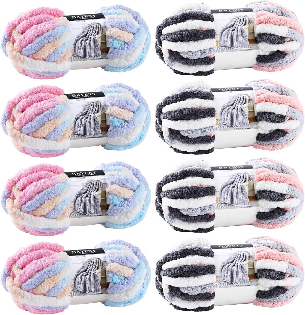 Chunky Chenille Yarn for Hand Knitting 8 Jumbo Pack Jumbo Chunky Yarn for Hand Soft Blanket Knitting, Bulky Thick Fluffy Yarn for Crocheting (Marshmallow Color+Kitten Color)