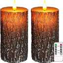 Set of 2 VEEKI Flameless Candles Lights, 6"x3" Pine Bark Flickering LED Candles with Remote & Timer, Dimmable Pillar Candles Battery Operated, Real Wax Electric Candle for Christmas Winter Home Decor, Brown