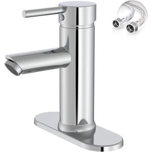 Chrome Bathroom Faucet 1 Hole, Greenspring Single Lever Bathroom Sink Faucets Modern Deck Mount One Hole Lavatory Vanity Faucet with Deck Plate and Supply Line, Brass (Short)