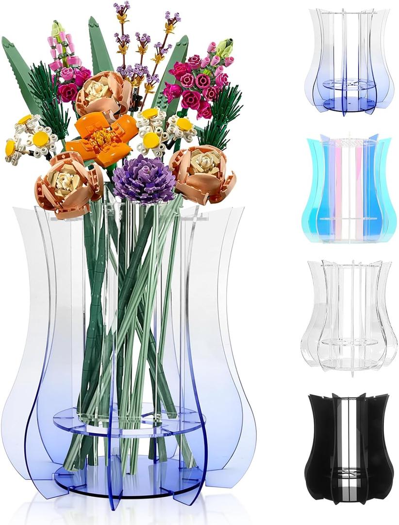 Vase for Lego Flowers Bouquet Upgraded, Acrylic Display Holder Compatible with Lego Botanical Collections Roses Sunflowers, for Lego Flower Building Set Lovers, Gradient Blue