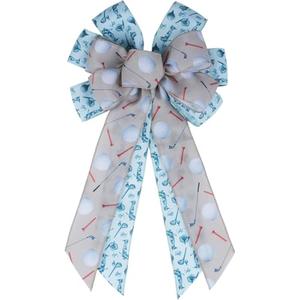 YKW Golf Burlap Bow for Wreaths 11.42" x 20.87", Golf Ball & Club Linen Door Decoration, Rustic Sports Home Decor, Gift for Golfers, Outdoor Pattern Wall Hanger