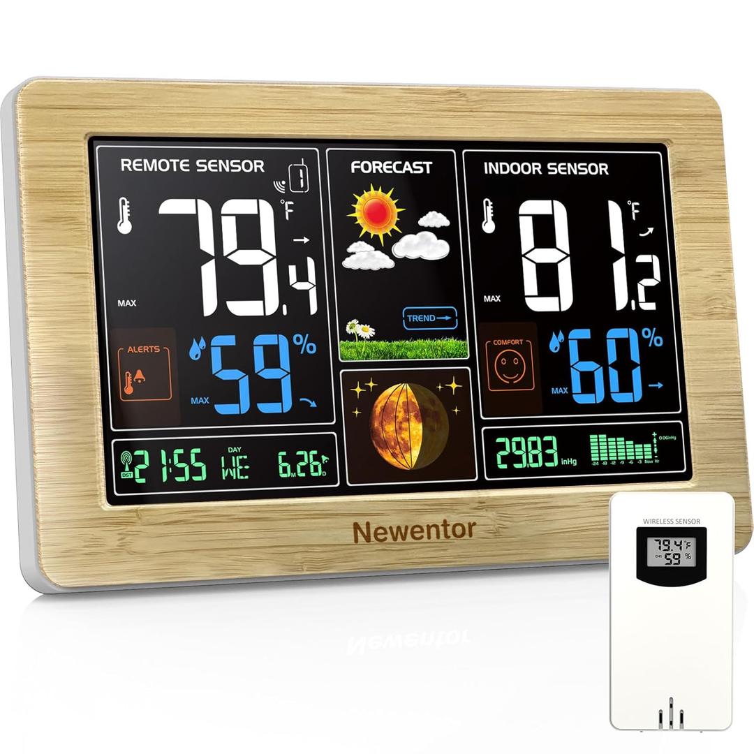 Newentor Weather Station Wireless Indoor Outdoor Thermometer, Color Display Digital Weather Thermometer with Atomic Clock, Barometric Pressure, Forecast Station with Adjustable Backlight, Wood