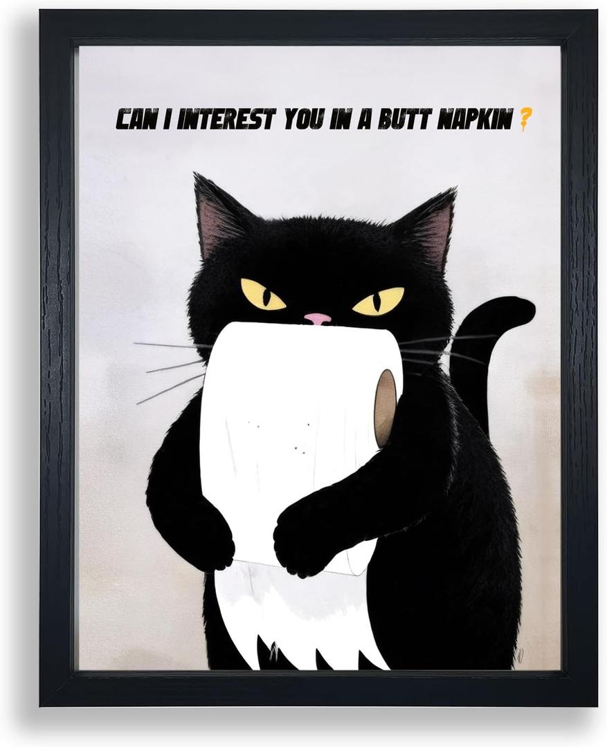 Sorbrozo Funny Black Cat Bathroom Wall Art Print Butt Napkin Quote Black and White Frame Humorous Home Decor 11x14in