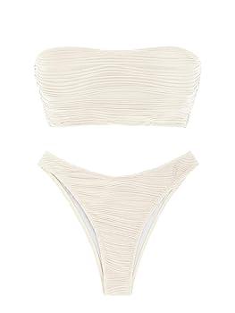 Women's Strapless Twist Bandeau Bikini 2 Piece Swimwear Cheeky Solid Lace up Bathing Suits, Small