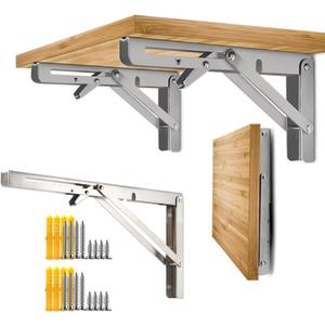 Folding Shelf Brackets, 2 Pcs Heavy Duty Collapsible Shelf Bracket, DIY Wall Mounted Folding Table Hinge, Space Saving for Bench Table with Screws (Silver, 10 in)