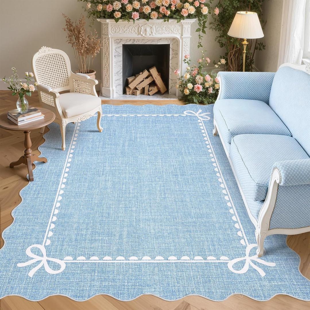 GarveeHome Scalloped Bow Rug for Living Room, Solid Blue Rug for Dorm, Washable Rugs 8x10 Soft Low Pile Non Slip Scalloped Rugs for Nursery College Bedroom Decor Kids Room Playroom