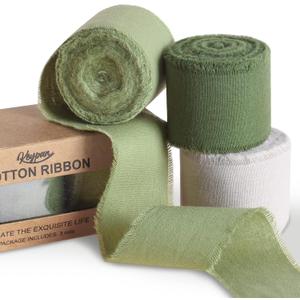 Green Ribbon 1-1/2 x 15 Yards Handmade Cotton Frayed Fringe Fabric Ribbons for Crafts Flower Bouquets Wedding Baby Shower Home DIY Decor