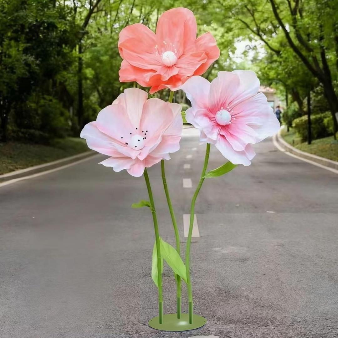 5.9Ft Giant Paper Poppy Flowers for Decor - Lifesize Artificial Poppies with Stand for Wedding, Party, Mother's Day, Realistic Large Floral Backdrop for Photography, Window Event Display (Pink Orange)