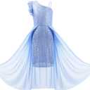 LQSZ Girls Sequin Dress Ruffled Sleeve Toddler Tulle Sparkly Formal Pageant Prom Party Dresses 3-14 Years (9-10 Years, Blue)