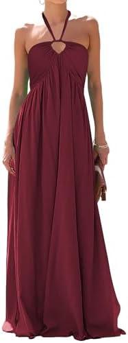 Maxi Dresses for Women Sexy Halter V Neck Backless Smocked High Waisted A Line Beach Vacation Sundress, M