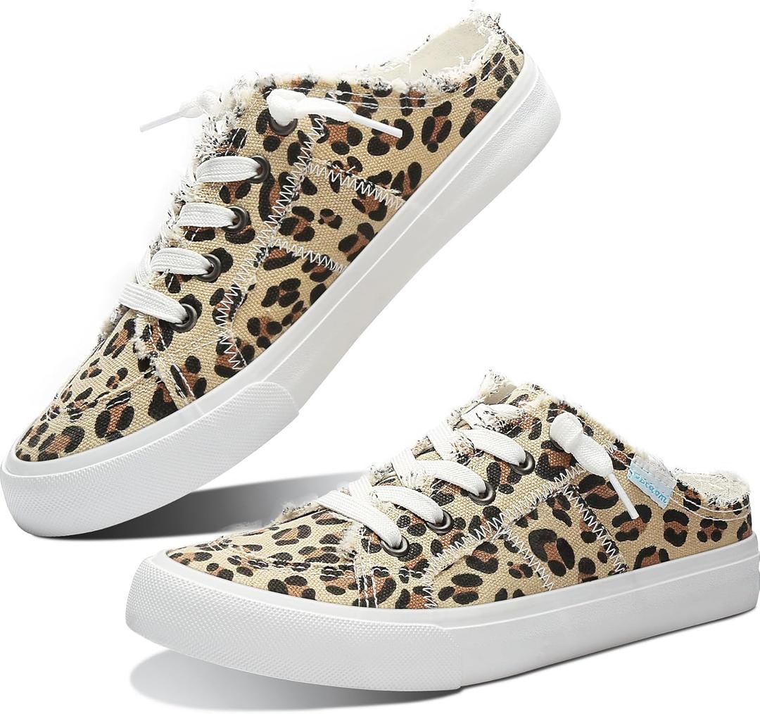 Obtaom Women Canvas Mules Memory Foam Clipper Fashion Sneakers Comfortable Slip-On Mule Backless Holiday Shoes (8, Leopard Print)