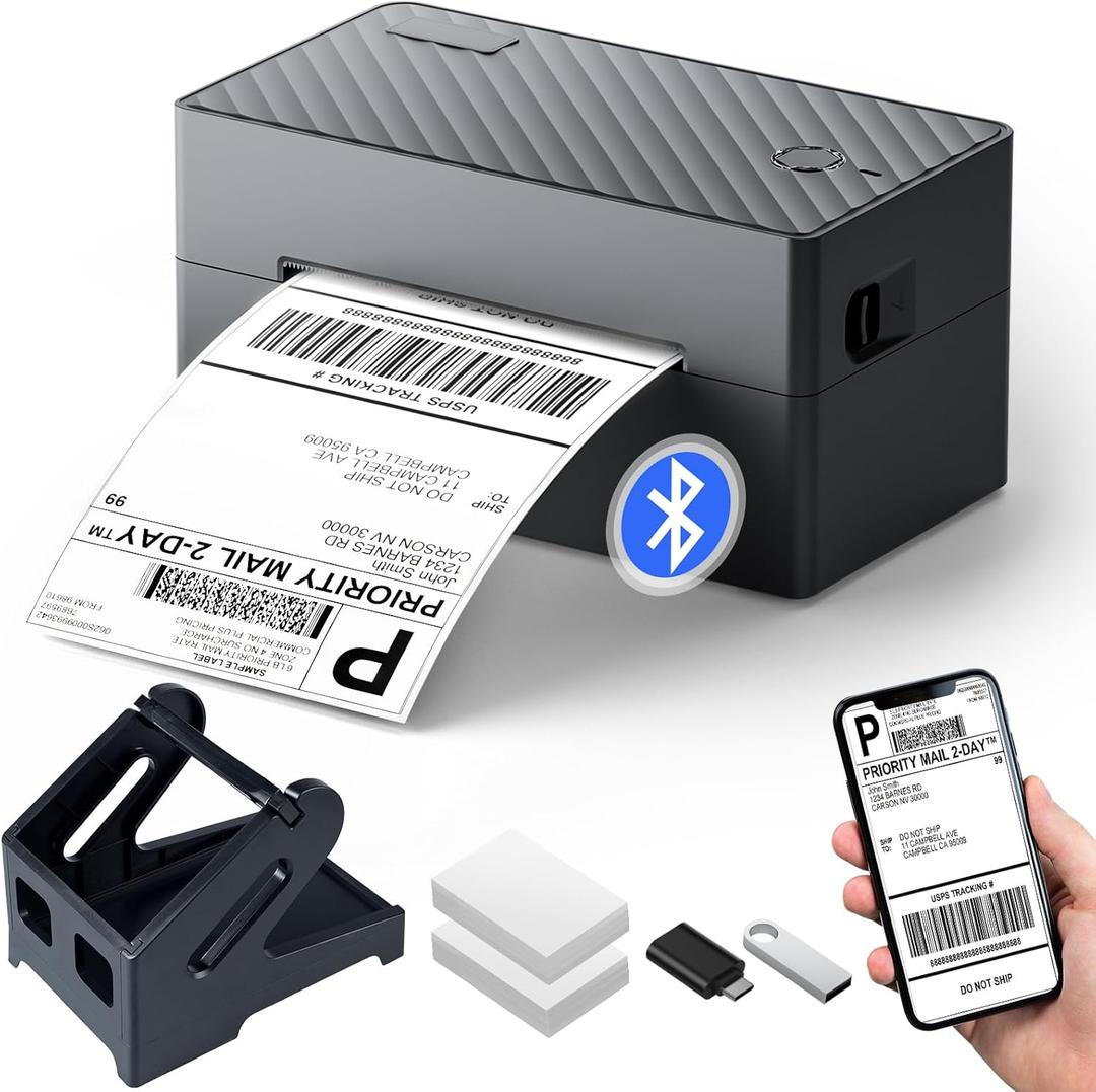 PEDOOLO Label Printer, 4x6 Shipping Label Thermal Printer for Packages, Bluetooth Conection and Compatible with Android, iPhone, Windows, Mac, Chromebook, Amazon, Ebay, UPS, USPS, FedEx, with Holder, Black